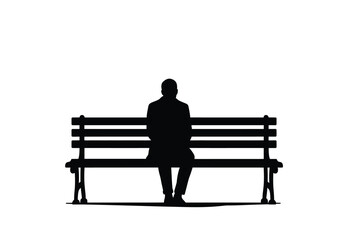 Man sitting on bench silhouette. This image depicts a black silhouette of a man seated on a bench, symbolizing solitude, calmness, and relaxation. Vector clipart illustration design.
