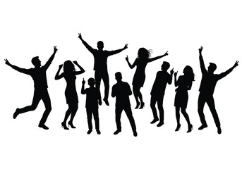 Party people silhouette. This image shows a group of people in various dancing poses, depicted as black silhouettes symbolizing celebration and social unity. Vector clipart illustration design.