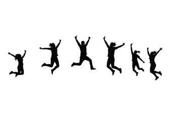 People jumping silhouette. This image shows a group of six people jumping with arms raised in various energetic poses, symbolizing motion, fun, and celebration. Vector clipart illustration design.
