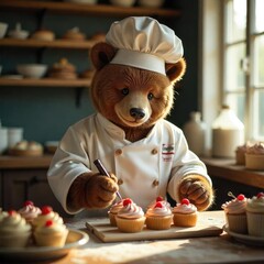 The pastry bear is decorating the cookies.