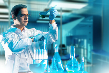 Man doctor with laboratory flasks. Medical scientist holding test tube. Doctor records time while...