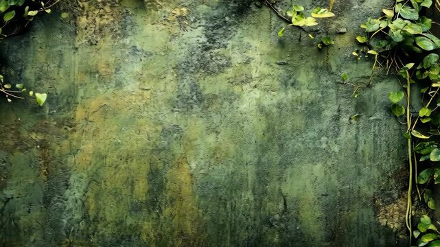 Green ivy trails up weathered stone wall. Nature backdrop with vintage charm