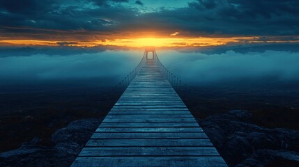 Naklejka premium Wooden Bridge to Sunset over Misty Landscape