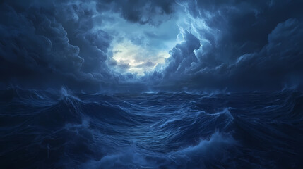 Dramatic ocean waves surge under a luminous sky filled with swirling clouds at dusk. Nightfall Surge. Illustration