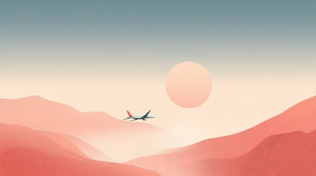Pastel landscape illustration of an airplane above a valley.