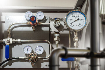 Pressure gauges on boiler equipment. Pressure sensors on thin pipes. Gas boiler equipment. Pressure gauges on steel pipes. Gas technologies. Boiler equipment for private home. Heating system
