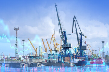 Fototapeta premium Sea cargo port. Lifting equipment in harbor. Cranes for unloading ships. Cargo port on ocean. Charts of price changes for sea freight transportation. Infrastructure for delivery of goods by sea