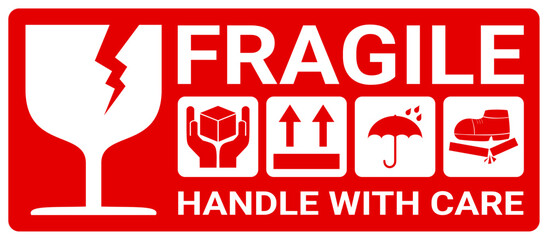 sticker fragile handle with care, red fragile warning label with broken glass symbol, this side up sign, keep dry, do not trample and avoid liquid sign.