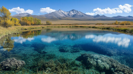 The Arctic tundra reveals untouched splendor as a crystal-clear lake mirrors the icy stillness around it symbolizing purity isolation resilience and the fragile balance of Earth's coldest realms

