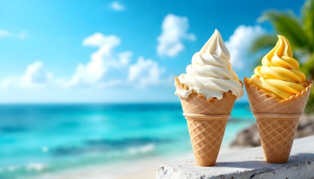 A colorful ice cream cone sits on the sandy beach under bright sunlight and fluffy clouds, evoking summer relaxation - Powered by Adobe