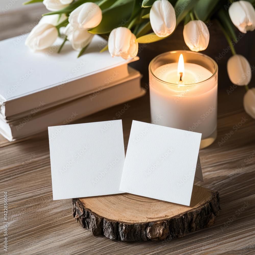 Poster minimalist flat lay of blank white cards on wooden slice, surrounded by fresh tulips and lit candle,