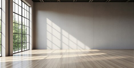 Obraz premium Empty modern interior with tall grid-style windows, minimalistic design, warm sunlight casting shadows on wooden floor and blank wall, concept of architecture. Ai generative