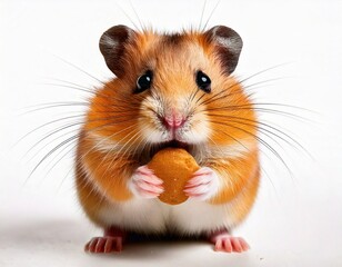 Charming hamster holding a small snack with both hands, white background