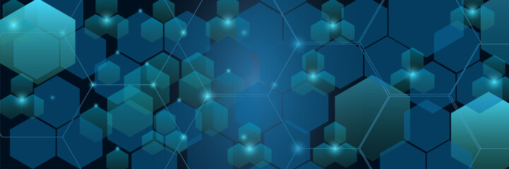 Dark gray and blue horizontal hexagonal technology abstract vector background. Red bright energy flashes under the hexagon in a wide banner of futuristic modern technology. vector