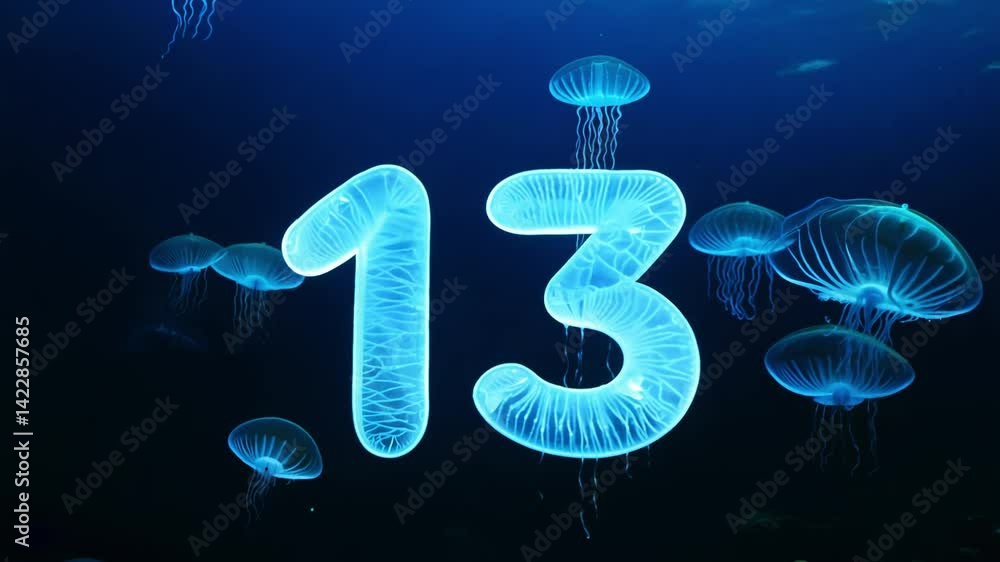 Poster captures digit 13 formed by floating jellyfish in ambient light with soft glows, tracking forward