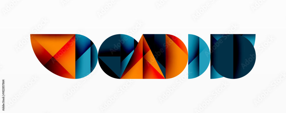 Poster abstract geometric design features colorful polygonal shapes forming word genio. vivid orange, teal,