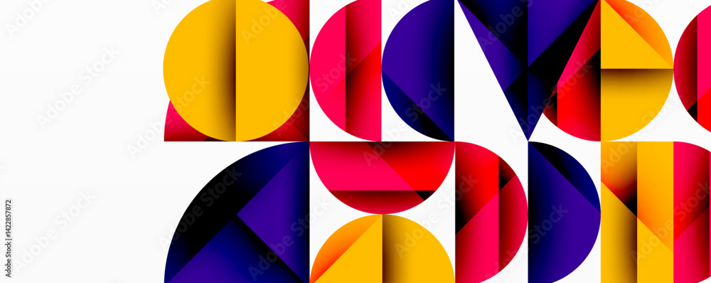 Aufkleber Abstract geometric composition. Overlapping colorful semicircles, circles create dynamic pattern. Bright hues contrast against white background. Modern design element.
