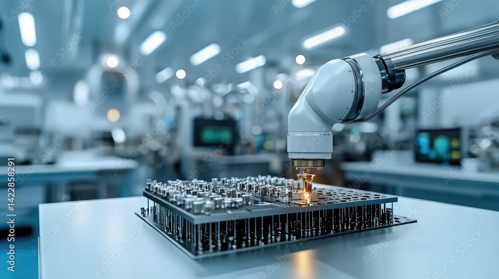 Poster Automated robotic arm working on metal component in modern manufacturing facility, showcasing precision and advanced technology in production