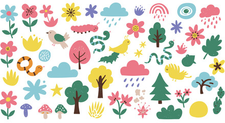 Whimsical forest scene filled with colorful flowers trees birds and snakes