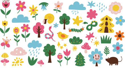 Whimsical illustration of natures elements including flowers trees and animals arranged in a playful design