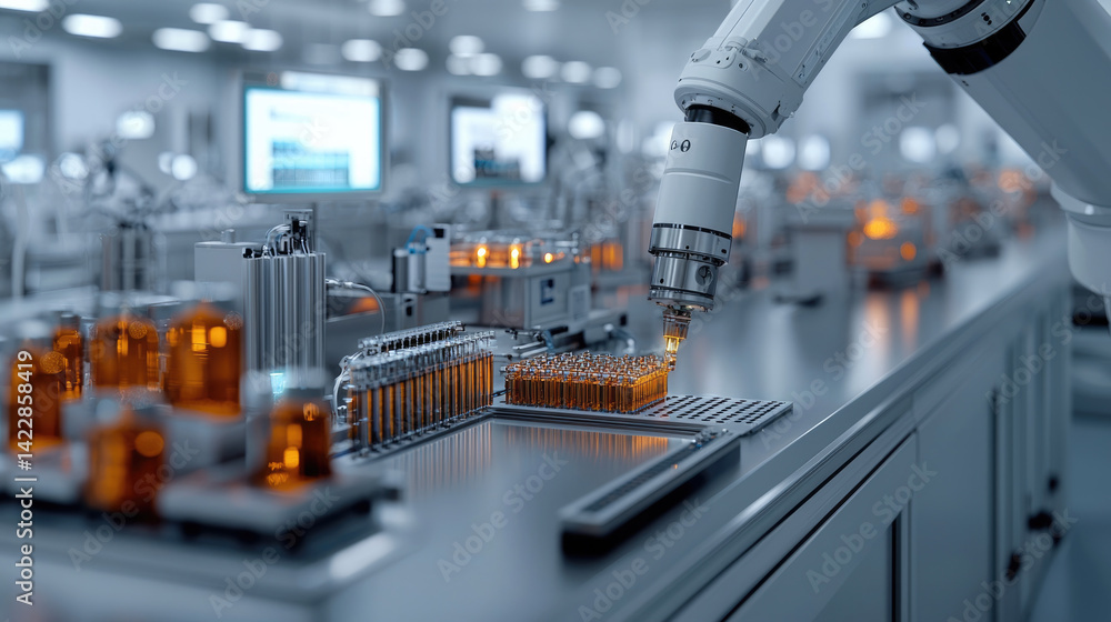 Poster Automated robotic arm in modern laboratory setting, efficiently handling glass vials filled with liquid. environment is high tech, showcasing advanced machinery and sterile atmosphere