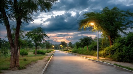 Fototapeta premium A Picturesque Road with Palm Trees and Solar-Powered Street Lights Promoting Sustainable Living