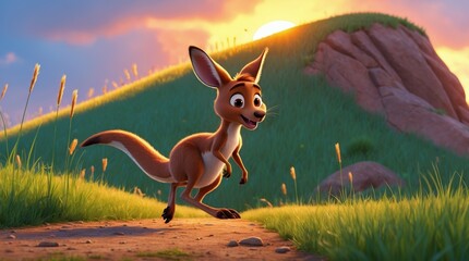 Animated kangaroo joyfully hops down a grassy path under a warm sunset