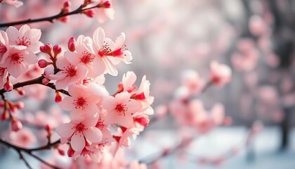 Obraz premium Delicate peach blossoms, heavy with spring snow, softly blurred background, picturesque, united states