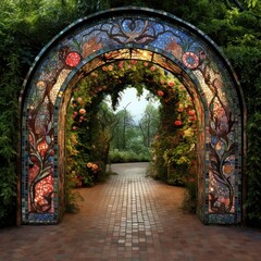 Obraz premium Botanical pattern mosaic arch architecture outdoors.