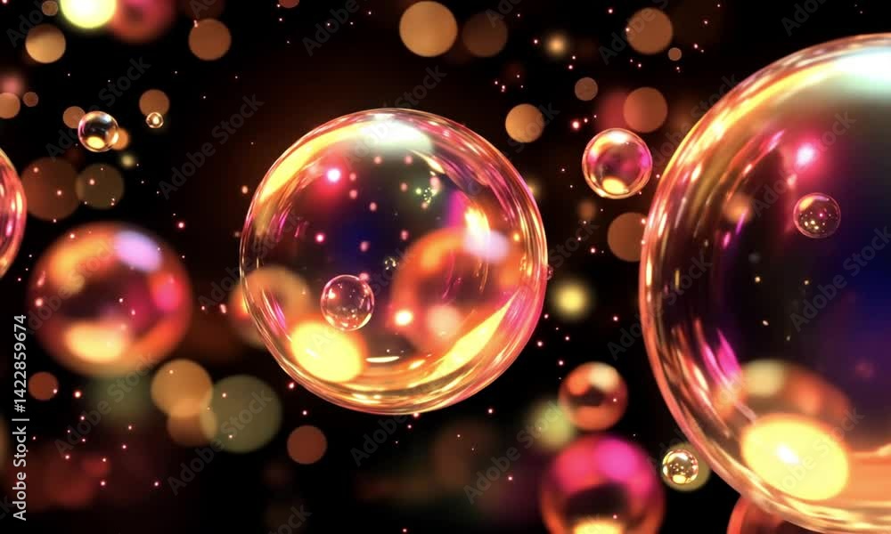 Poster animated bokeh bubbles floating over shiny black red and yellow lights made with generative ai techn