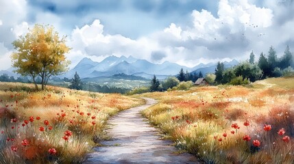 country lane clipart watercolor illustration artistic illustration detailed illustration - stock photo