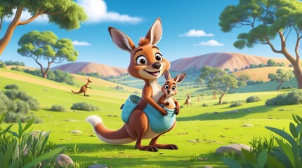 Aussie Kangaroo Mom  Joey in the Outback Cartoon Landscape
