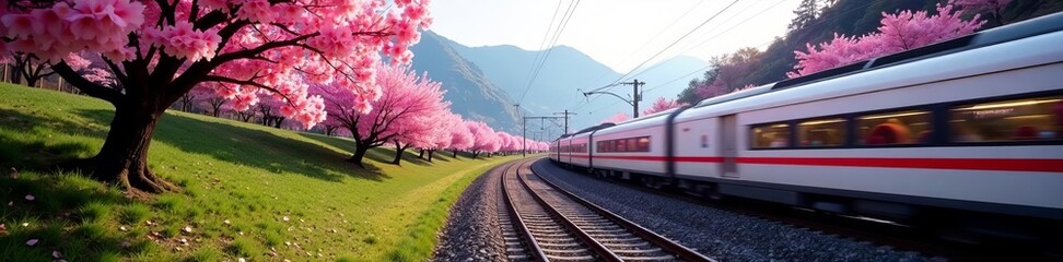 Fototapeta premium Scenic view of cherry blossom trees with high speed train passing by, vibrant, Japan, railway