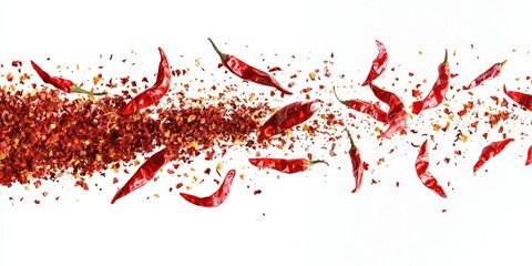 Dynamic high-resolution shot of red chili pepper flakes flying, with a distinct textured heap of milled paprika on white.