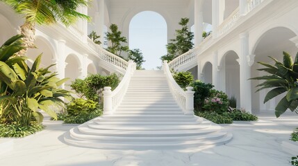 Fototapeta premium Elegant staircase in white marble with lush tropical greenery, a luxurious architectural design