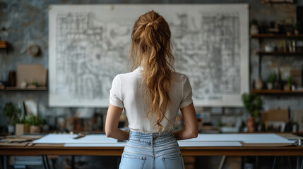 Back view of focused female architect drawing building plans at desk symbolizing leadership precision ambition and the power of women shaping the built environment through creativity and expertise


