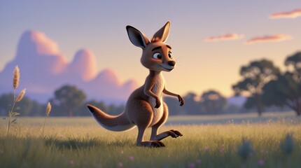Cartoon kangaroo at dawn standing in a lush meadow illuminated by soft sunlight and a pastel sky