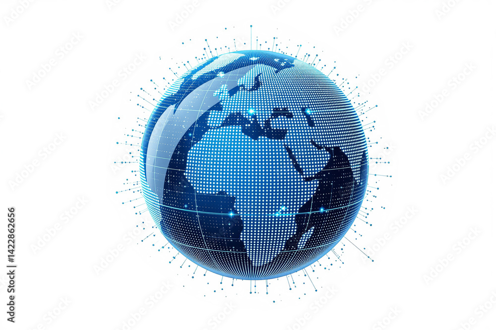 Poster digital globe made of dots and glowing lines showing continents and data connections, futuristic sty