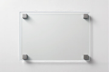 Transparent glass panel with four metallic holders mounted on a white wall, minimal style on bright background, concept of office or business interior. Ai generative