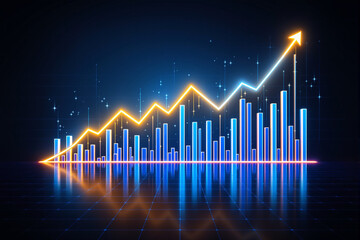 Neon glowing bar chart and rising arrow line graph on futuristic grid background, symbolizing economic growth, success and business progress. Ai generative