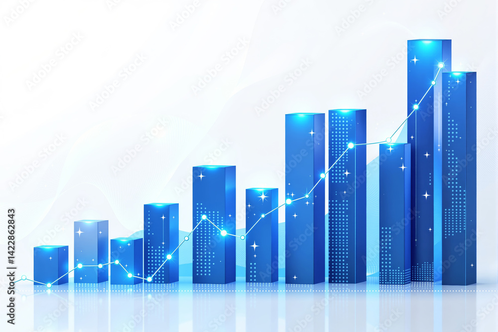 Poster blue 3d-style bar chart with glowing data points and sparkles, futuristic graphic style, on a light 