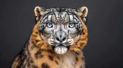 Obraz premium Close up of snow leopards thick fur and piercing blue eyes against a solid slate gray background