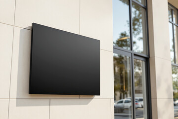 Empty rectangular signboard on beige tiled wall outside modern glass building, urban background with cars and reflections, concept of business branding. Ai generative