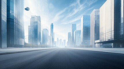 Elevated View of Modern Cityscape with Sleek Asphalt Road in the Foreground