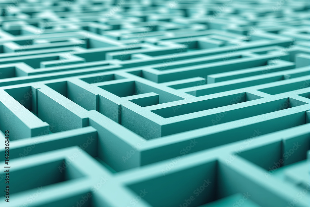 Poster abstract teal maze structure shown in close-up with soft focus, minimal geometric style on smooth ba