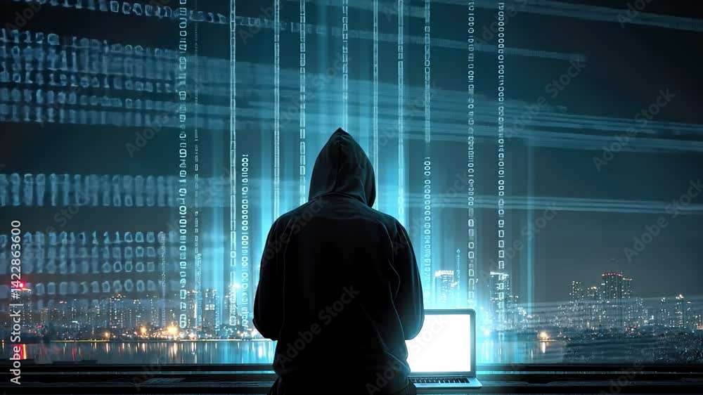 Poster digital intrusion: a hooded figure immersed in the digital world, illuminated by the glow of a lapto