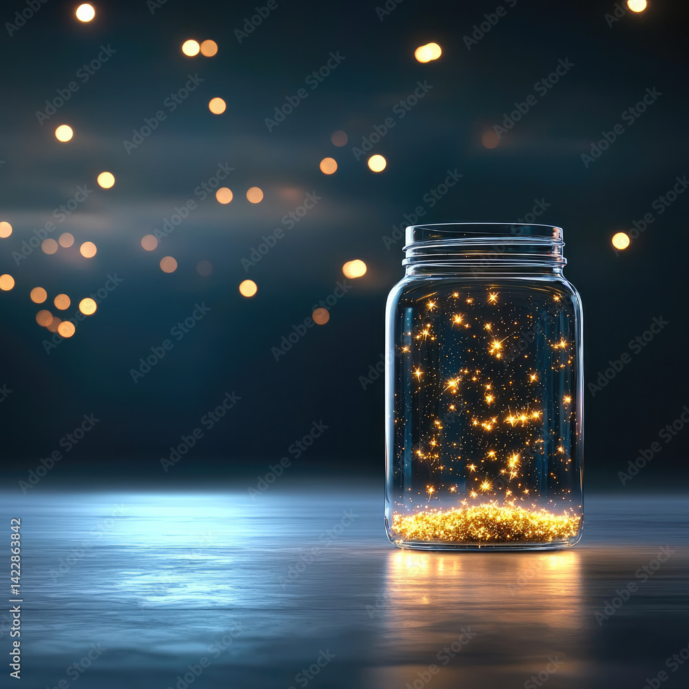 Aufkleber transparent jar filled with glowing particles, creating magical ambiance. background features soft bokeh lights, enhancing enchanting atmosphere