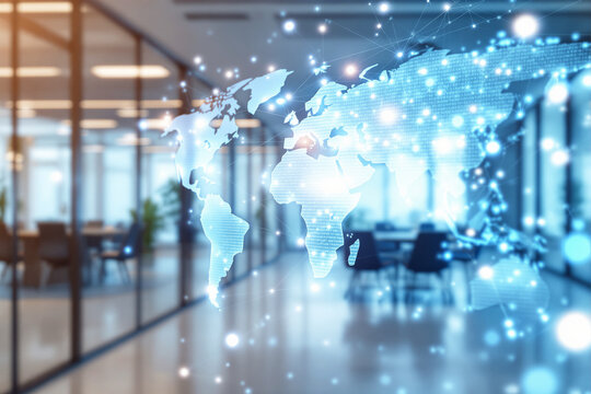 Digital world map with glowing data nodes and binary code overlay on a blurred business office background, concept of global network and communication. Ai generative