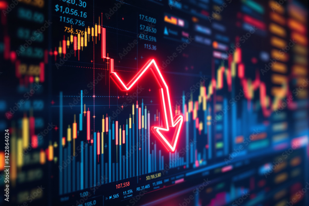 Poster red arrow pointing down over colorful digital financial chart on dark background, symbolizing busine