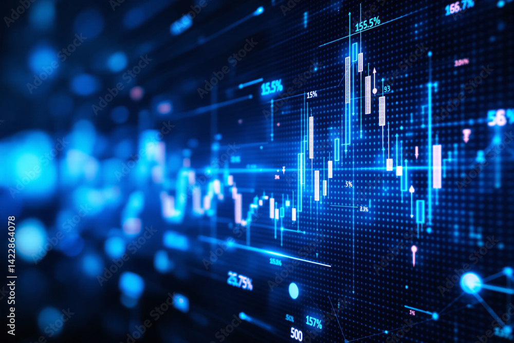 Poster digital candlestick chart for financial trading with glowing blue data bars on a futuristic business